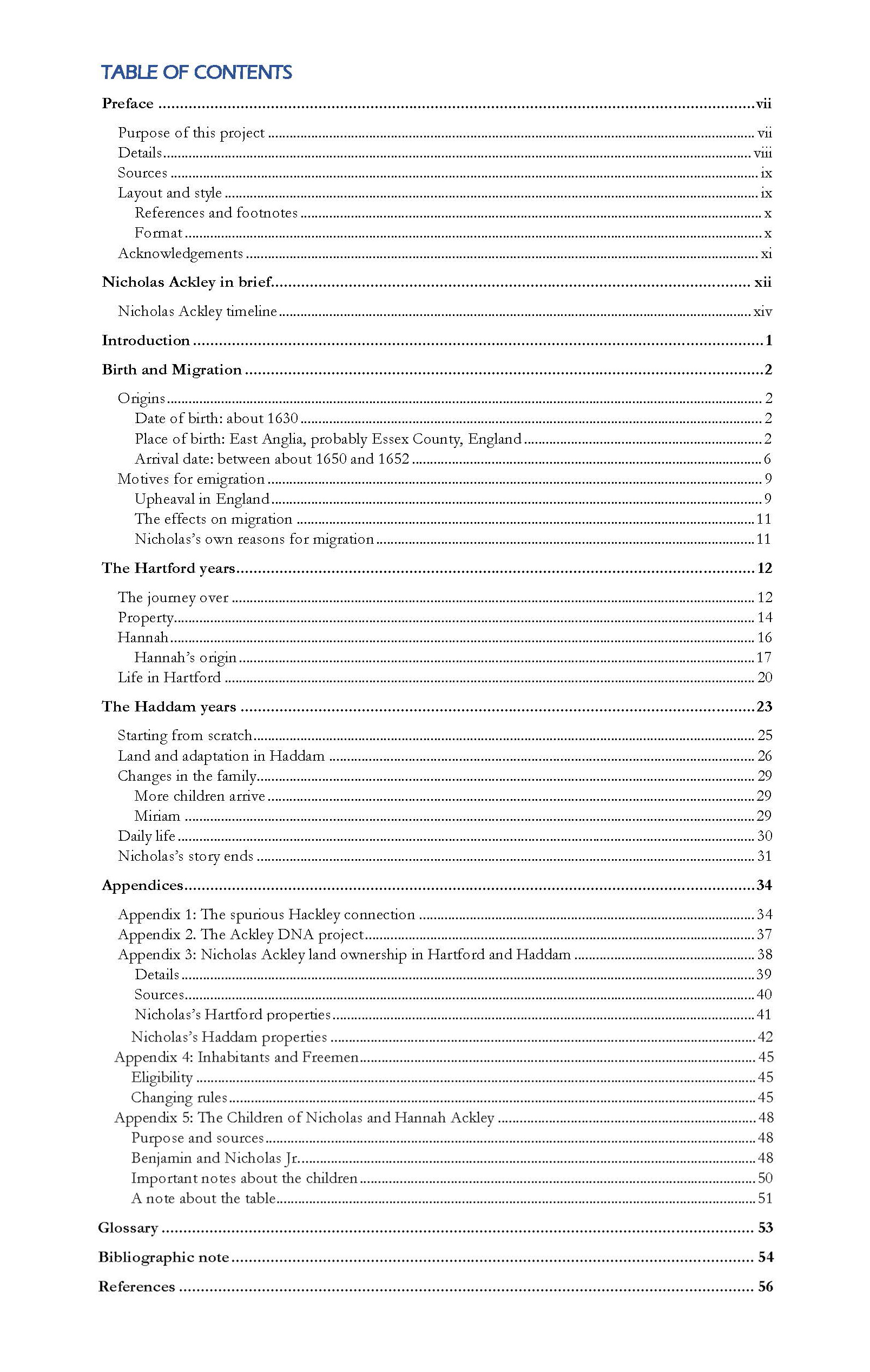 Nicholas Ackley family history: table of contents